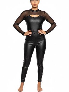 BEBE Black Faux Leather Jumpsuit Mesh Long Sleeve Womens Size XL